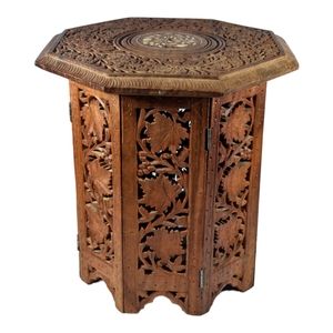 Vintage Indian Octagonal Folding Table – Rosewood with Bone Inlay – Handmade